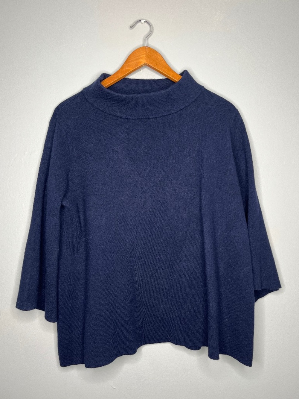 Rielle Navy Blue Mock Neck 3/4 Wide Sleeve Boxy Oversized Knit Sweater
